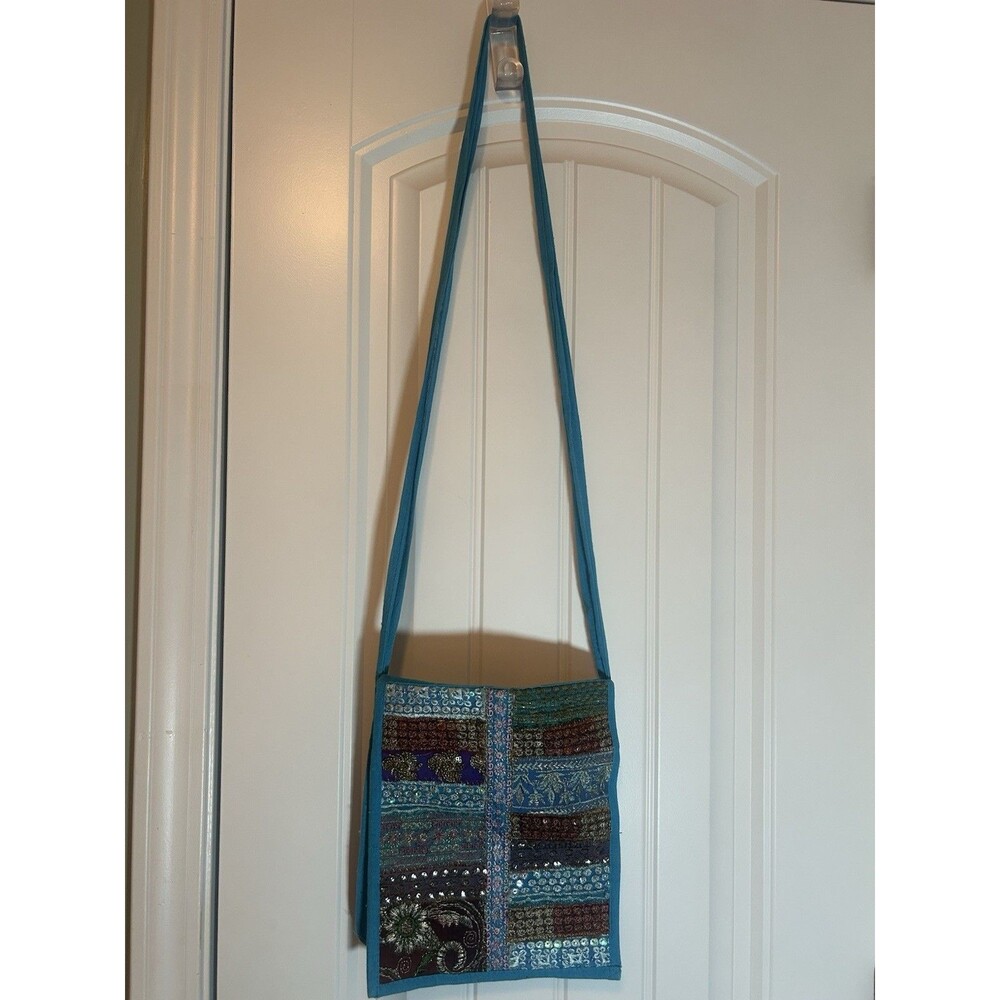 Vintage Boho Patchwork Sequin Crossbody Bag Blue Cotton India Festival Purse - Picture 2 of 12